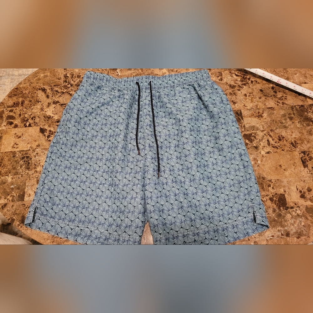 Men's Light Blue Patterned Swim Trunks with Drawstring